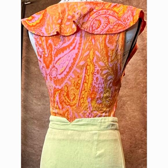 Free People Linen Rayon Poppy Flounce Slit Midi Skirt Citron size 2 - Picture 8 of 16